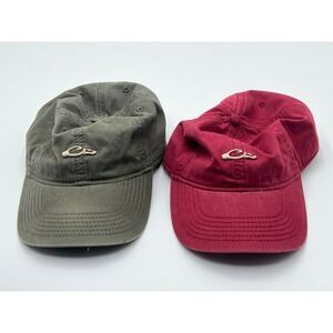 Drake Waterfowl Hat Lot of 2 Adjustable Leather Strapback Olive Green Maroon Red